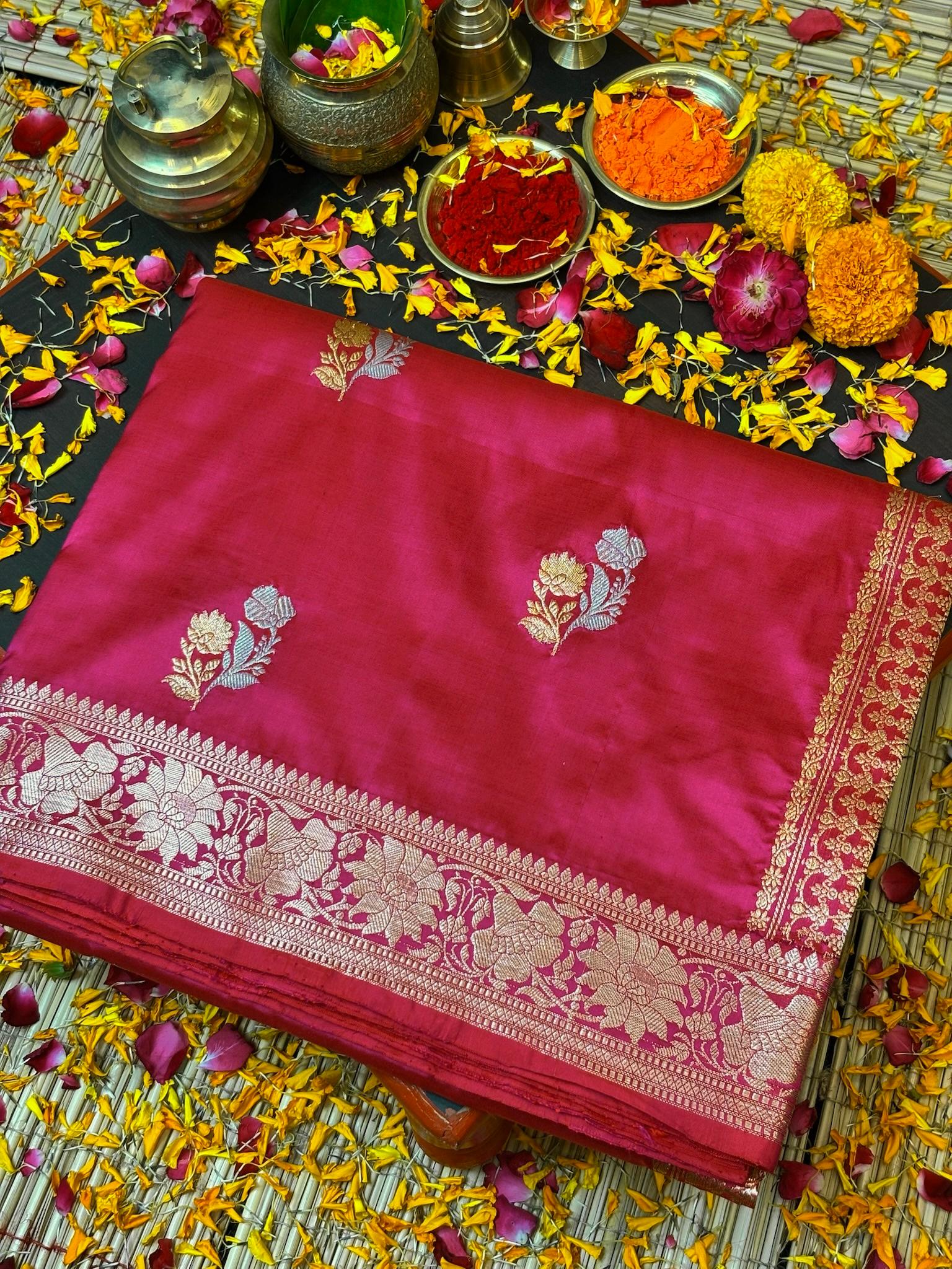 Premium Zari Buti Rani Pink Saree with Intricate Gold Border | Elegant Ethnic Wear for Festive & Wedding