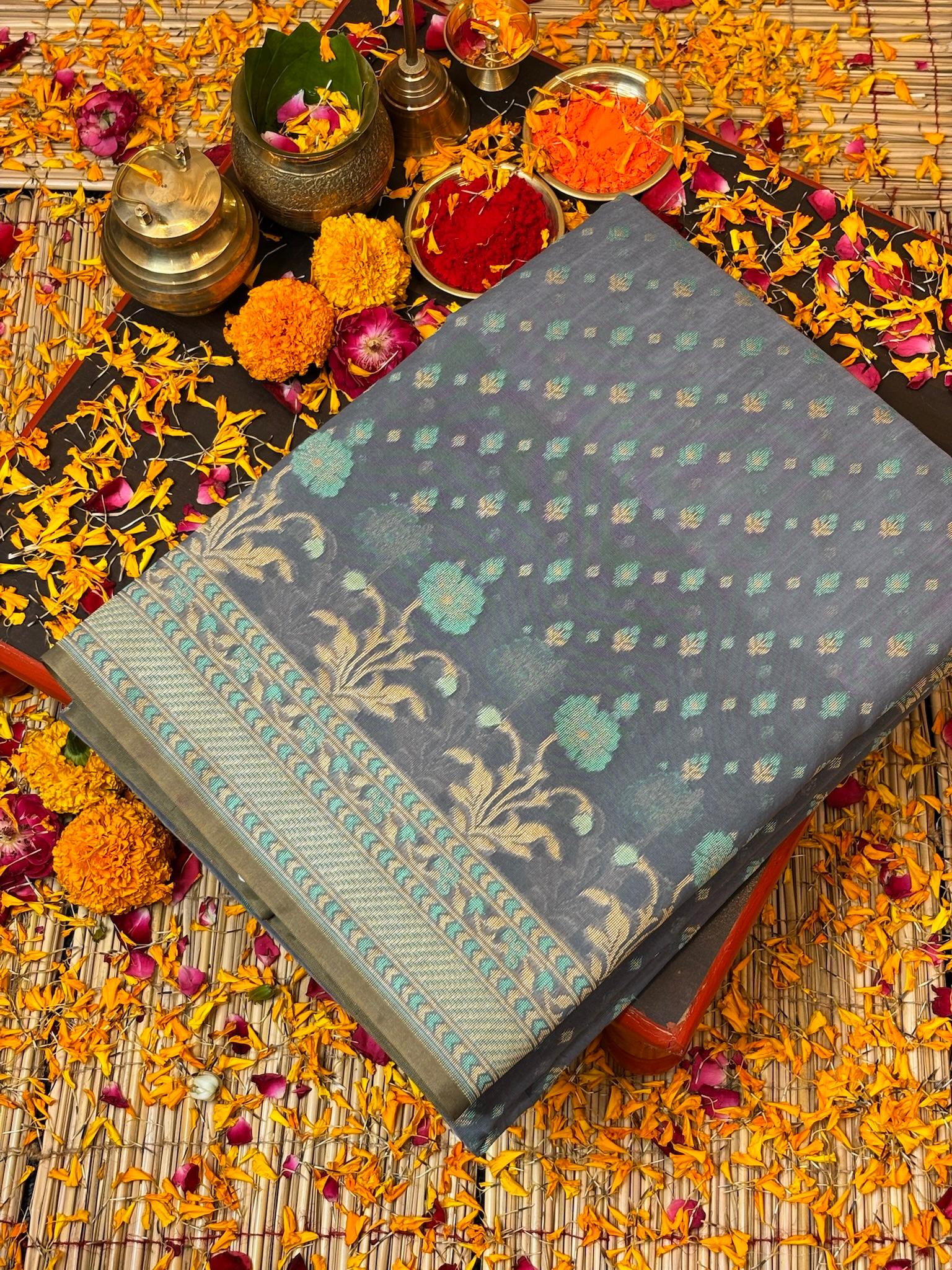 Pure Cotton Silk Saree in Soft Steel Grey with Floral Buti & Elegant Border