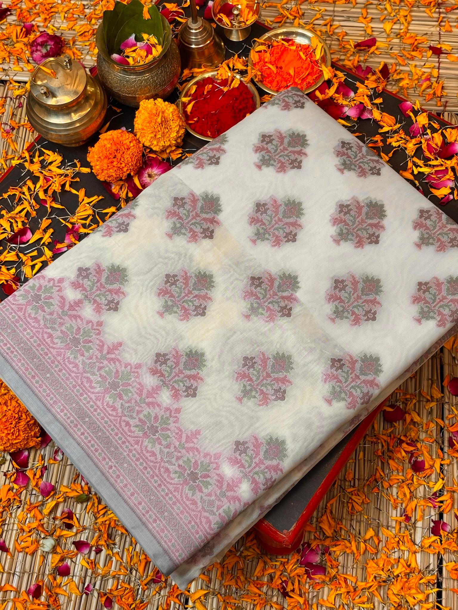 Pure Cotton Silk Saree in Soft with Ivory Floral Buti & Elegant Border