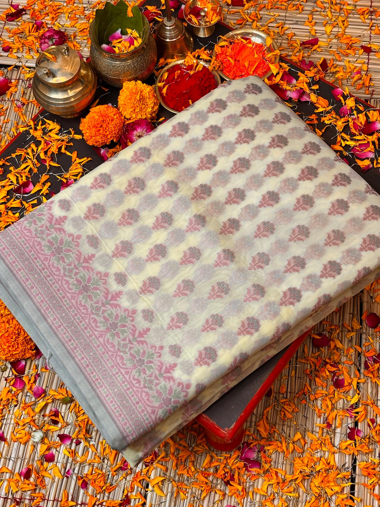 Pure Cotton Silk Saree in Soft Ivory with Floral Buti & Elegant Border