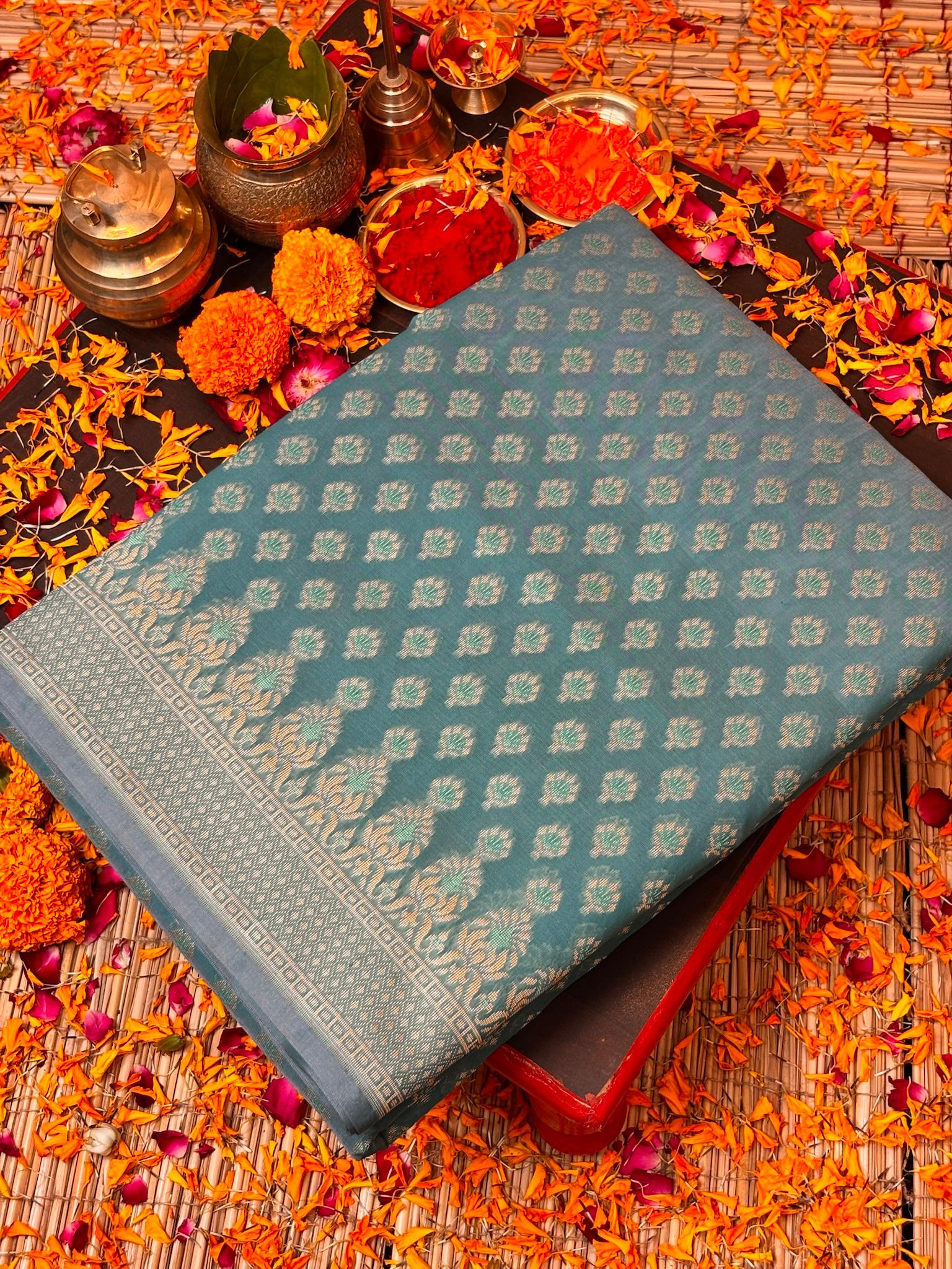 Pure Cotton Silk Saree in Ocean Blue with Floral Buti & Elegant Border