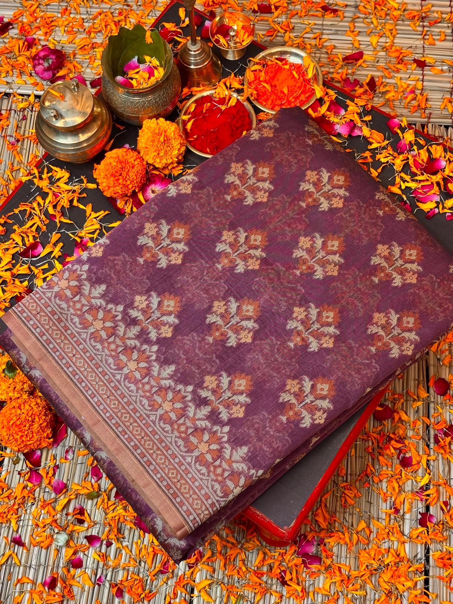Pure Cotton Silk Saree in Soft Plum with Floral Buti & Elegant Border