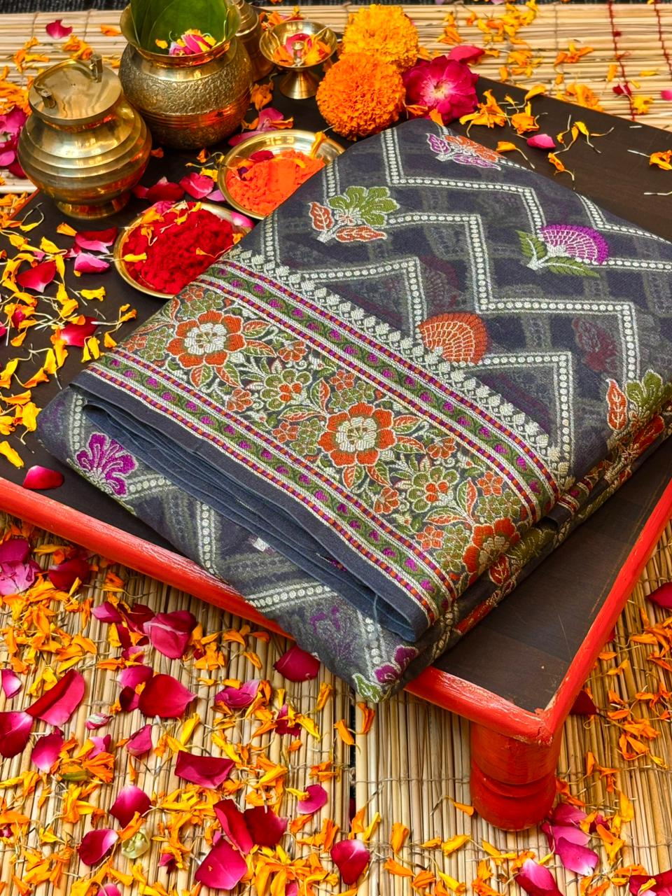 Pure Chiffon Silk Saree in Grey with Zari Border | Handcrafted Elegant Party Wear