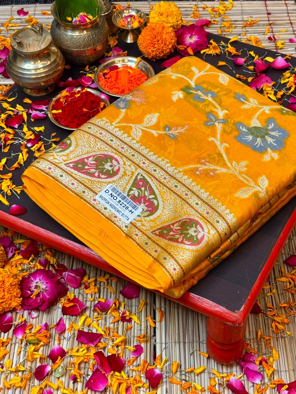 Pure Chiffon Silk Saree in Yellow with Zari Border | Handcrafted Elegant Party Wear
