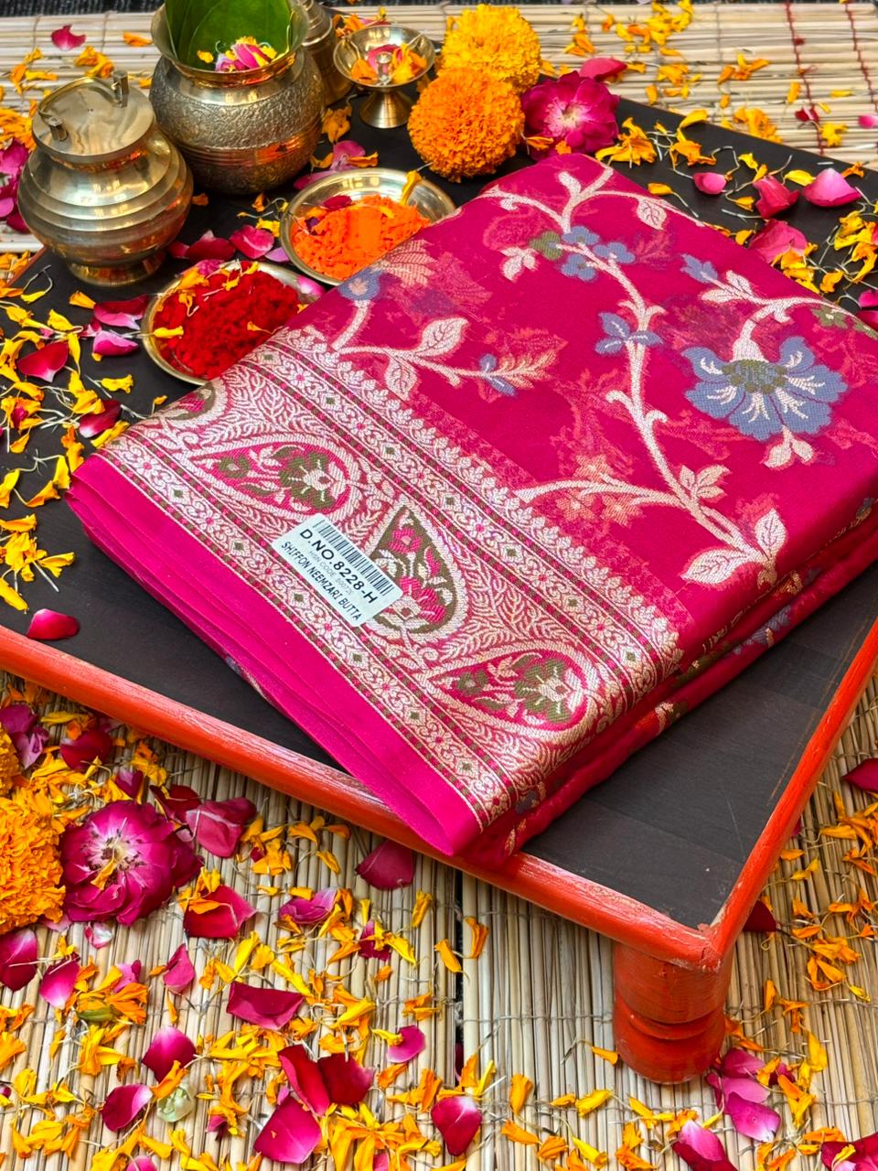 Pure Chiffon Silk Saree in Apple Red with Zari Border | Handcrafted Elegant Party Wear