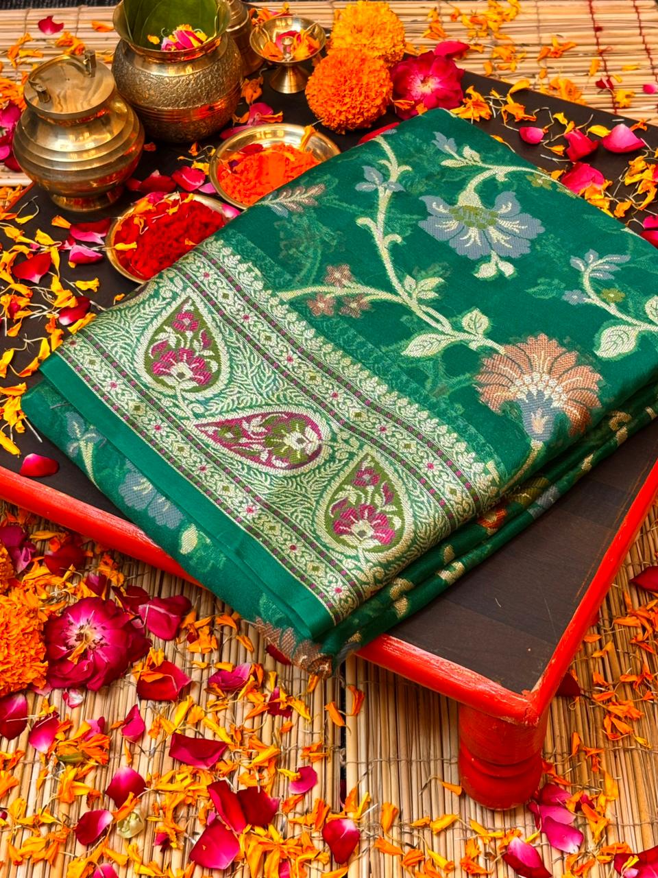 Pure Chiffon Silk Saree in Teal with Zari Border | Handcrafted Elegant Party Wear