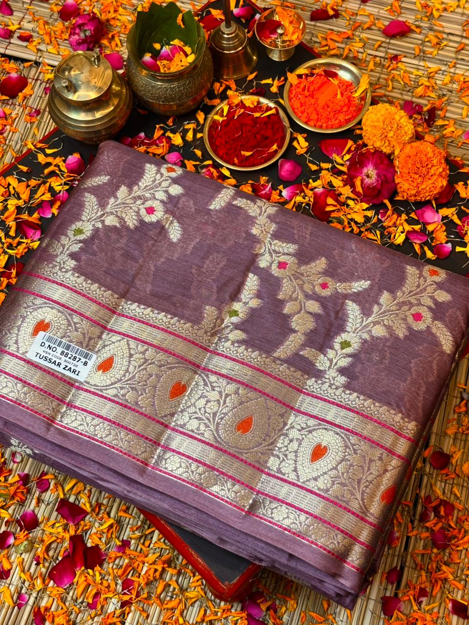 Mauve Pure Chiniya Silk Saree with Zari Weave Border | Elegant Festive & Wedding Wear