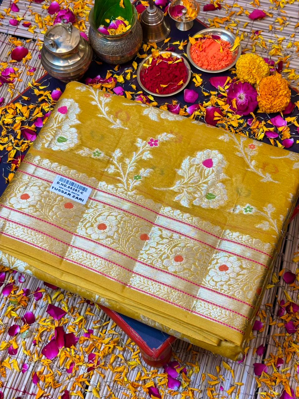 Yellow Pure Chiniya Silk Saree with Zari Weave Border | Elegant Festive & Wedding Wear