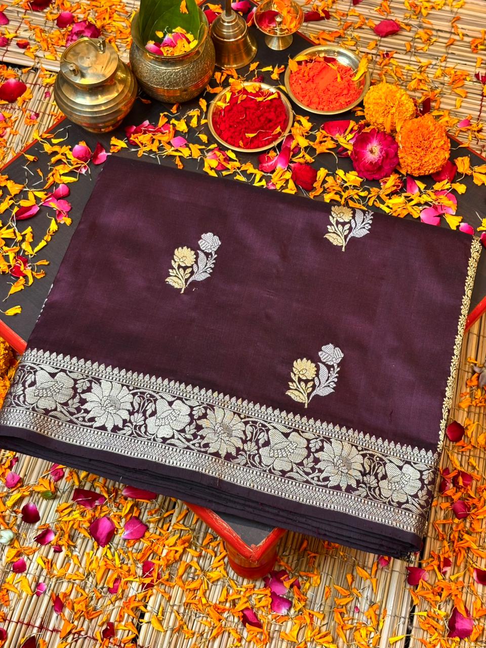 Premium Zari Buti Brown Saree with Intricate Gold Border | Elegant Ethnic Wear for Festive & Wedding