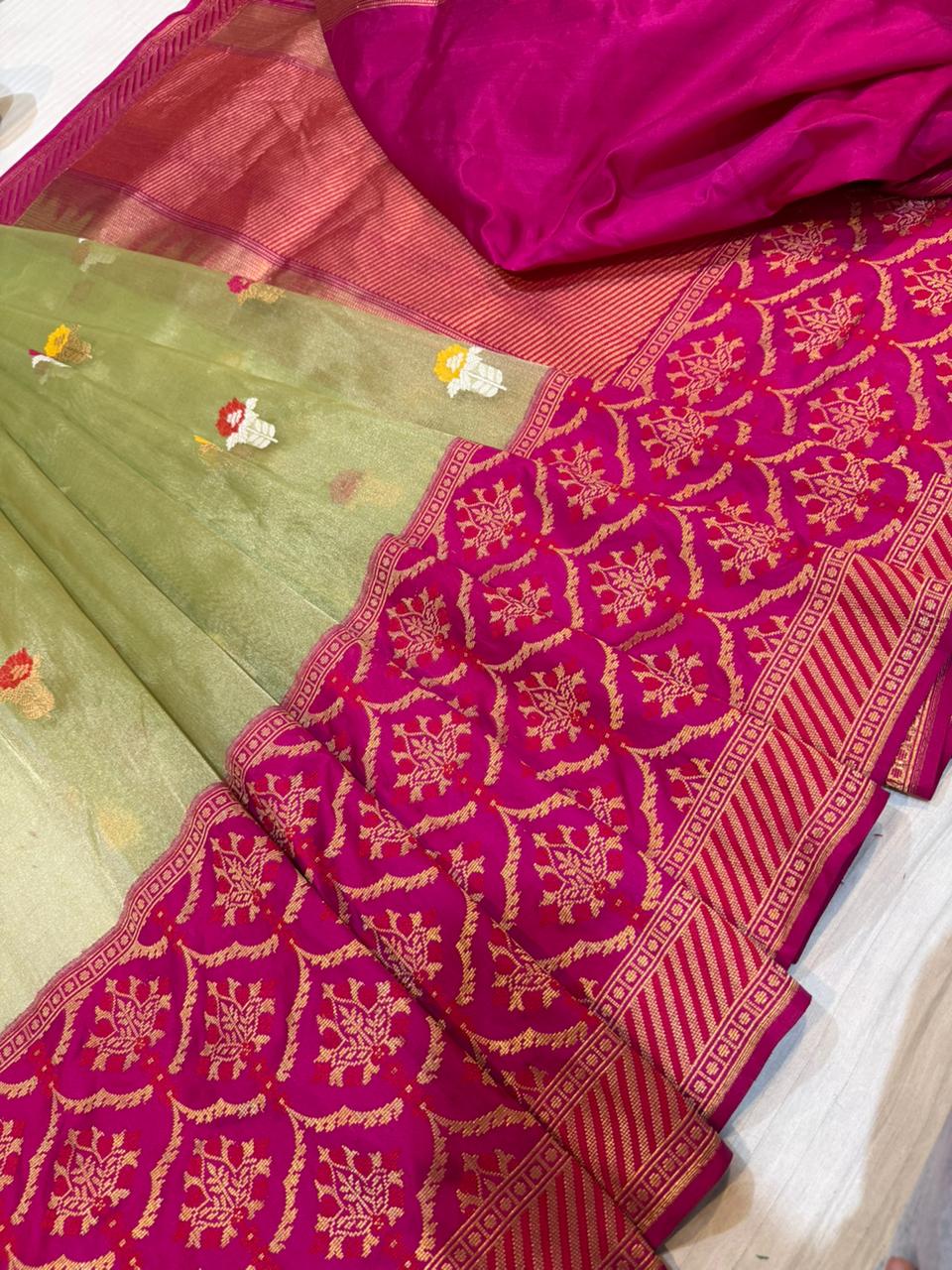 Magenta & Pista Tissue Kadhua Alfi Body with Kadhiyal Katan Skirt Border