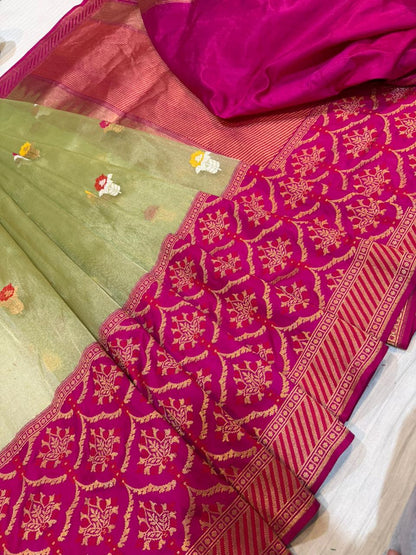 Magenta & Pista Tissue Kadhua Alfi Body with Kadhiyal Katan Skirt Border