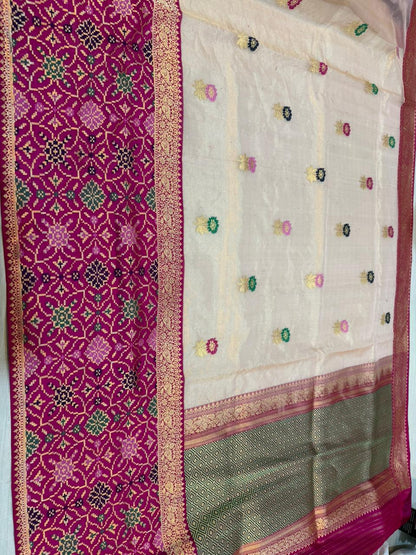 Ektara Kora  Silk Tissue Kadhiyal Katan Patola Style Skirt with Kadhua Alfi Booti Saree