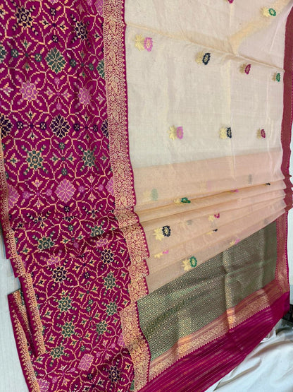 Ektara Kora  Silk Tissue Kadhiyal Katan Patola Style Skirt with Kadhua Alfi Booti Saree