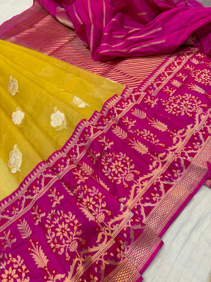 Magenta & Yellow Tissue Kadhua Alfi Body with Kadhiyal Katan Skirt Border