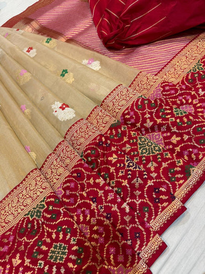 Ektara Kora  Silk Tissue Kadhiyal Katan Patola Style Skirt with Kadhua Alfi Booti Saree