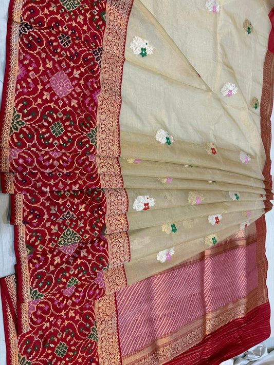 Ektara Kora  Silk Tissue Kadhiyal Katan Patola Style Skirt with Kadhua Alfi Booti Saree