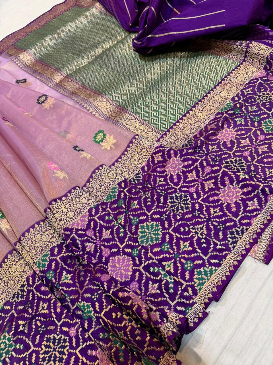 Ektara Kora  Silk Tissue Kadhiyal Katan Patola Style Skirt with Kadhua Alfi Booti Saree