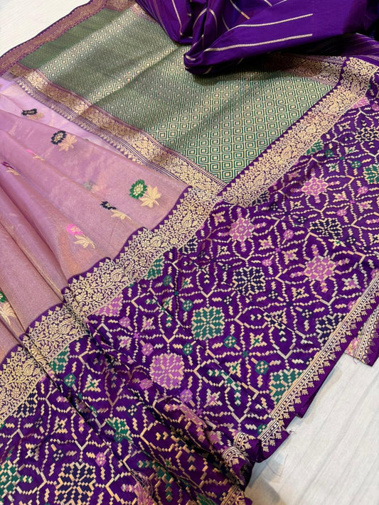 Ektara Kora  Silk Tissue Kadhiyal Katan Patola Style Skirt with Kadhua Alfi Booti Saree