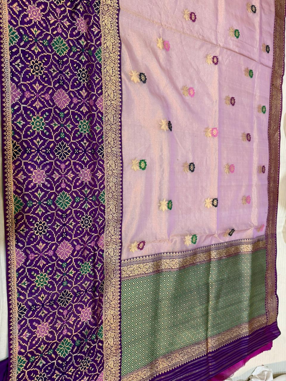 Ektara Kora  Silk Tissue Kadhiyal Katan Patola Style Skirt with Kadhua Alfi Booti Saree