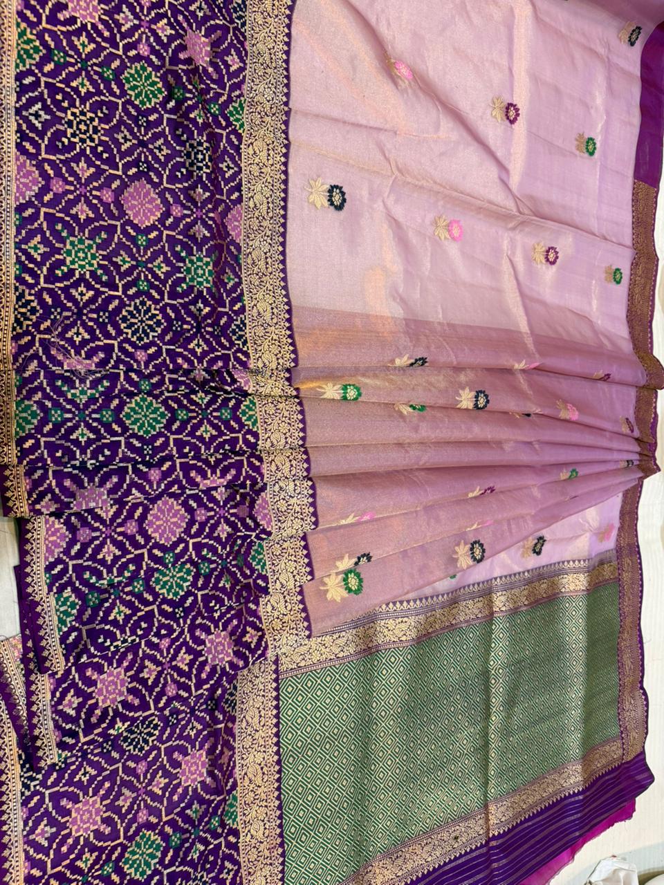 Ektara Kora  Silk Tissue Kadhiyal Katan Patola Style Skirt with Kadhua Alfi Booti Saree