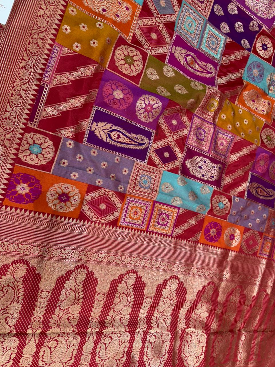 Red Katan Silk Rangkaat Zari Banarasi Border Anchal Saree