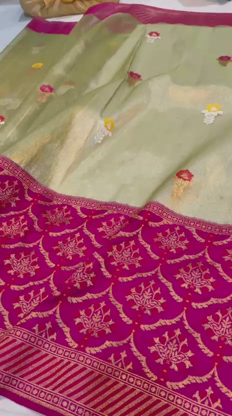 Magenta & Pista Tissue Kadhua Alfi Body with Kadhiyal Katan Skirt Border