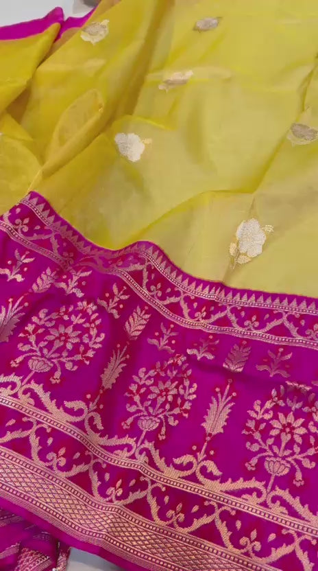 Magenta & Yellow Tissue Kadhua Alfi Body with Kadhiyal Katan Skirt Border