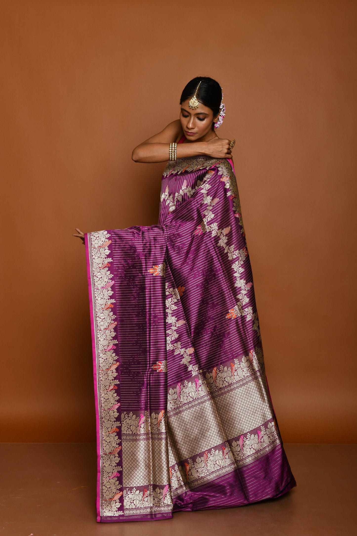 Pure Handloom Shikargha Wine Banarasi Katan Silk Saree