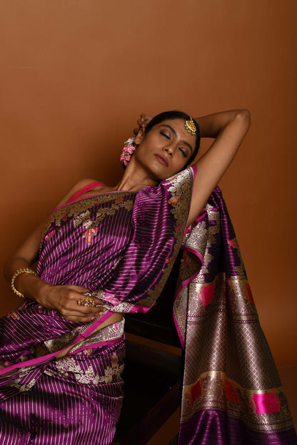 Pure Handloom Shikargha Wine Banarasi Katan Silk Saree