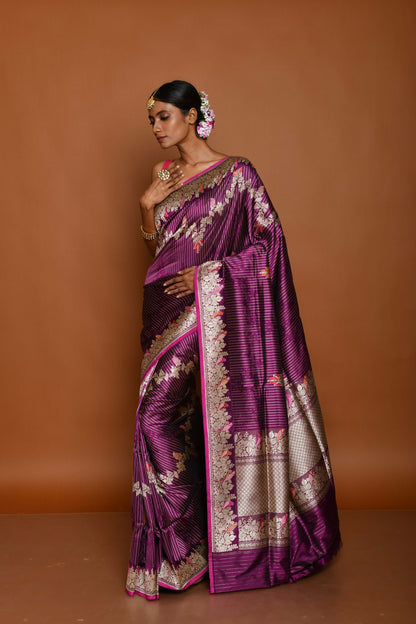 Pure Handloom Shikargha Wine Banarasi Katan Silk Saree