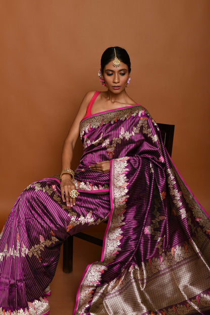 Pure Handloom Shikargha Wine Banarasi Katan Silk Saree